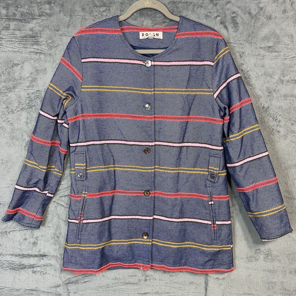 Dolan Anthropologie Denim Coat Womens Size L Striped Multicolored Button Up Y2K